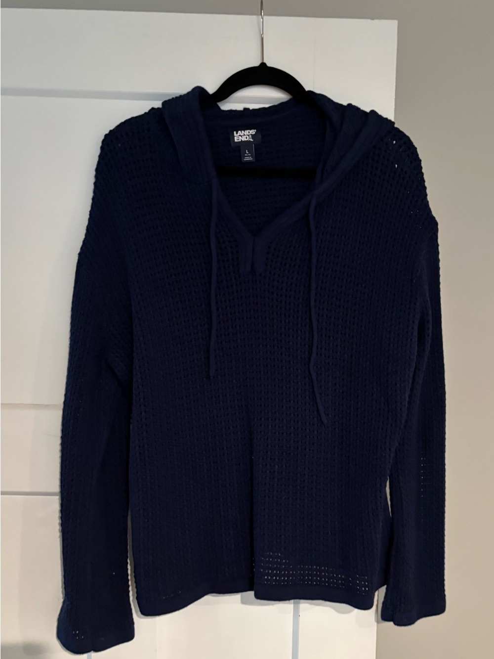 Lands' End Women's Navy V-Neck Hooded Knit Sweater - Size Large